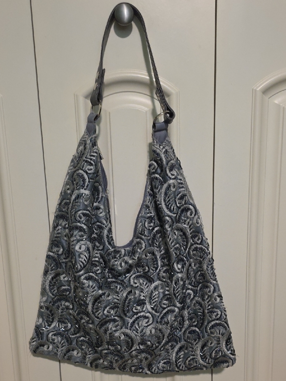 Gray Embroidered Hobo Tote Bag